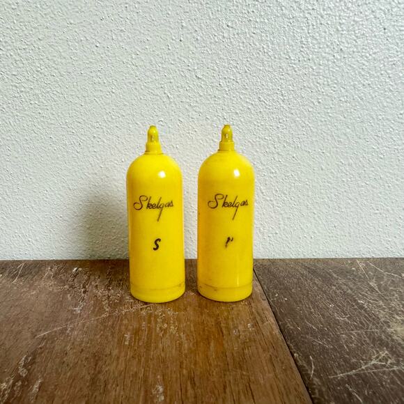 Vintage Yellow Skelgas Propane Advertising Salt & Pepper Shakers - Picture 1 of 5